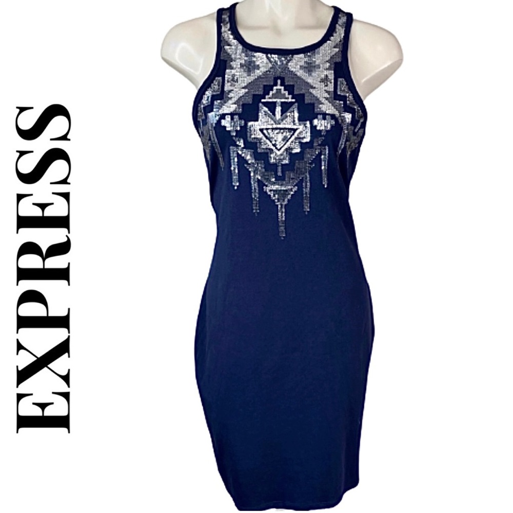 EXPRESS sequin tribal front blue tank dress L chic